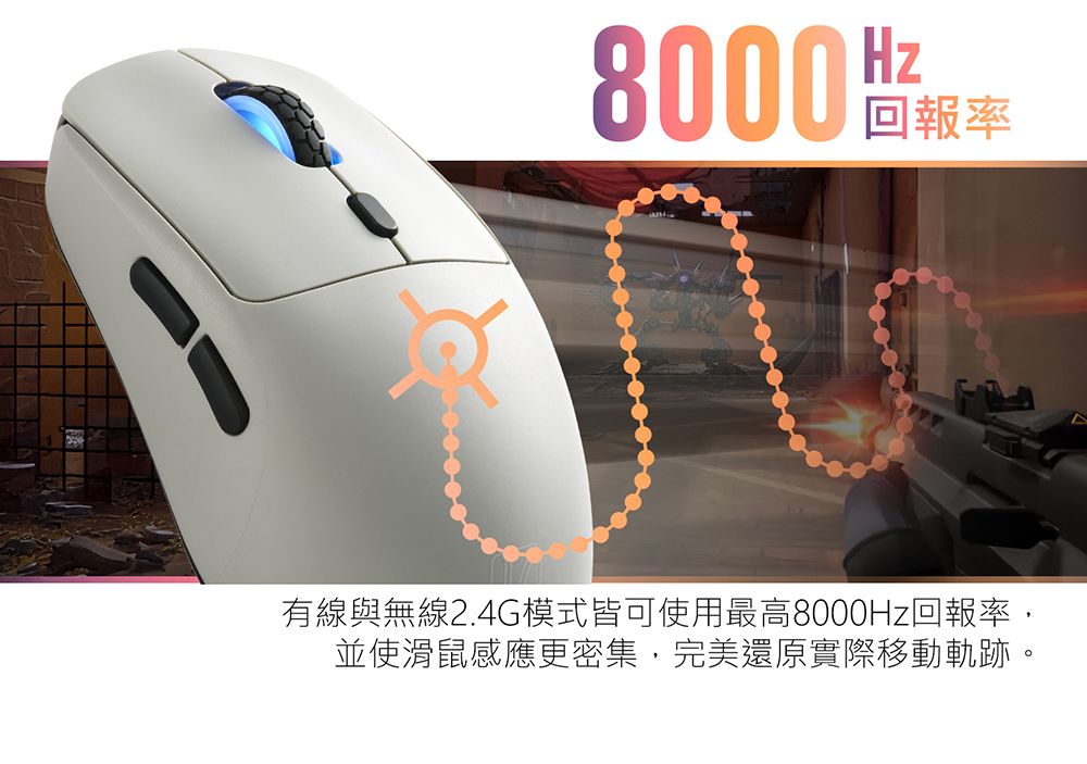 Hz8000回報率有線與無線2.4G模式皆可使用最高8000Hz回報率,並使滑鼠感應更密集,完美還原實際移動軌跡。