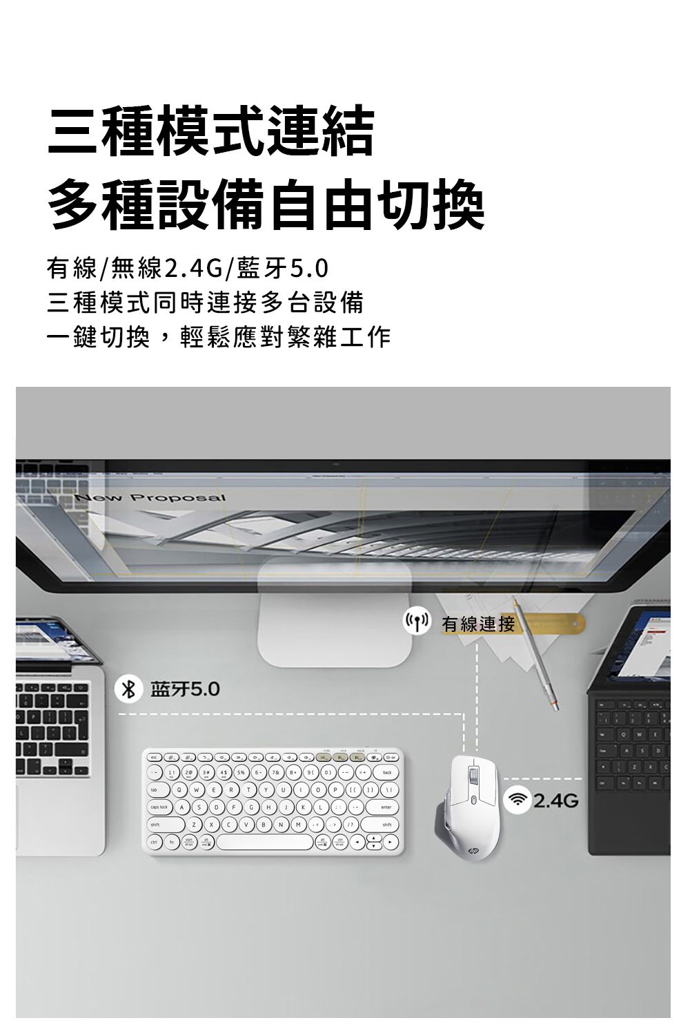 三種模式連結多種設備自由切換有線/無線2.4G/藍牙5.0三種模式同時連接多台設備一鍵切換,輕鬆應對繁雜工作New Proposal蓝牙5.0 有線連接2.4G